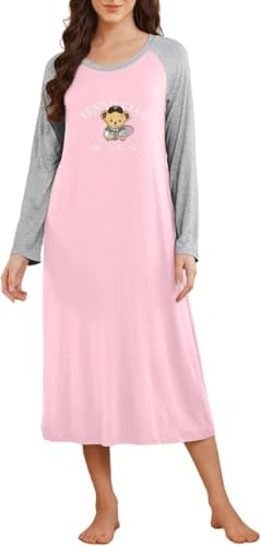 Ekouaer Nattlinne, dam, lång, långärmad, nattklänning, tryck med rund hals, nattkläder, mjuk och lätt, S–XXL, Rosa nallebjörn, XL