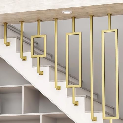 Escalier en fer forgé en forme de L avec balustres carrés dorés, balustrade de montage au plafond pour appartement, balcon et loft – 120 cm avec vis et cadre inclus