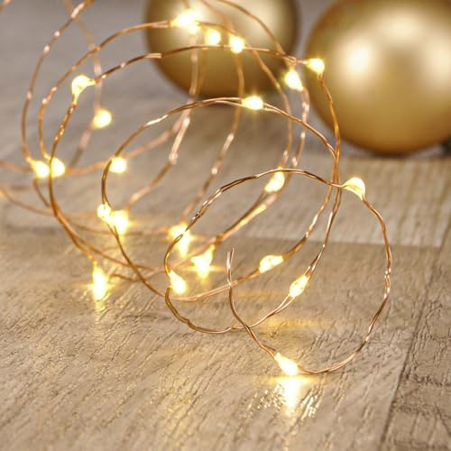 Ambients LED Kupferdraht Lichterkette warmweiß, mit Timer, batteriebetrieben innen, 1 m beleuchtet + 50 cm Zuleitung, 10 LEDs mit 10 cm Abstand, flexibler Kupferdraht, 2×AA Batterien