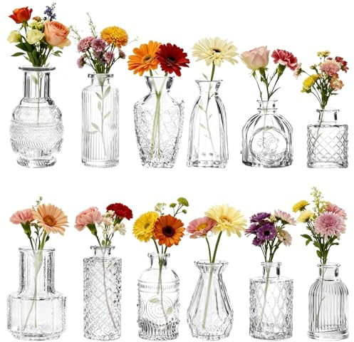 Glass Bud Vase 12 Pack - Assorted Small Vintage Bottles for Wedding Table Decorations, Party & Event Centrepieces | Bulk Mini Flower Vases for Home Decor