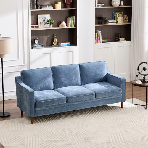 Kingfun 80 Chenille Sofa, 3 Seater Couch, Mid Century Modern Couches with Solid Wood Legs for Living Room & Bedroom, Light Blue
