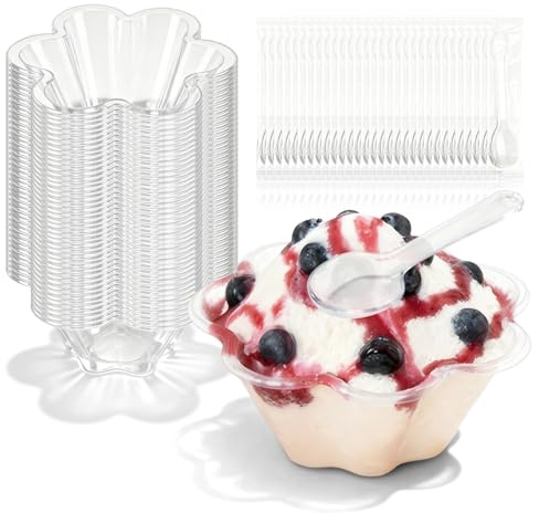GOMETY 100-pack efterrättskoppar i plast med 100 skedar, transparenta 3D blomformade, 250 ml kapacitet, stapelbara, återanvändbara