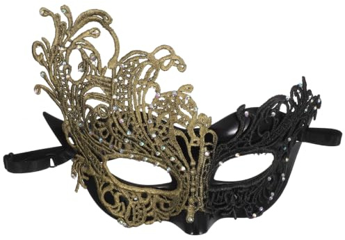 TOGEVAL Masque Demi-Visage en Dentelle Noire et Dorée pour Femme Masque de Bal Masqué avec Sangle Élastique Accessoire Carnaval et Halloween Élégant et Confortable