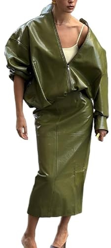 MLSHWUG Set da donna con gonna lunga patchwork in pelle lucida con orlo a pieghe elastiche, Verde, L
