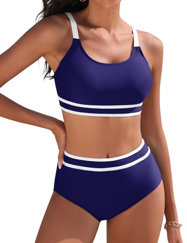 Yuson Girl Costume da Bagno Donna Due Pezzi Push Up Imbottito Reggiseno Bikini Mare Regolabile Costumi da Bagno Scollo a U Patchwork a Righe Bikini Vita Alta Bikini da Spiaggia(Blu Navy, L)