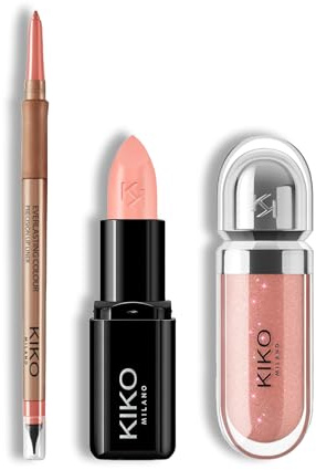 KIKO Milano Lip Glow Trio | Precision Automatic Lip Liner 10, Smart Fusion Lipstick 401 & 3D Hydra Lipgloss 20 | The Perfect Lip Combo for Defined & Glossy Lips