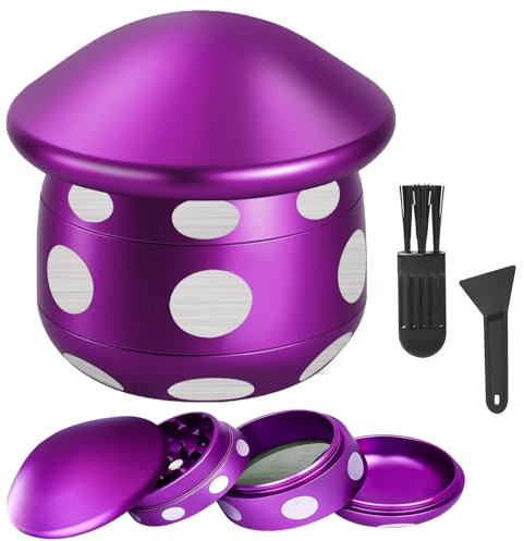 LHOEST Grinder Metalico Pequeño 50MM Molinillo Especias Pimienta Sal Manual | con Rascador Cepillo 24 Dientes Grinder de 4 Capas Púrpura Grinder Champiñón Diseño Grinder Regalo para Cocina Cocinando