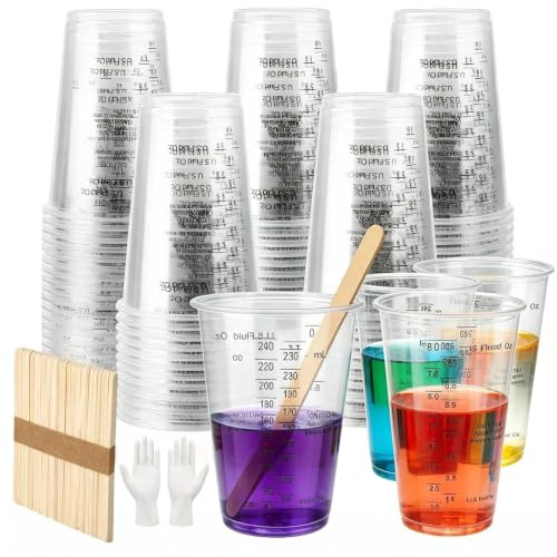 50PCS Plastic Measuring Cups for Resin, 240ml Disposable Paint Mixing Cups, Graduated Liquid Cups for Pigment Mixing,Craft,Kitchen,Lab(with 50 Wooden Sticks)