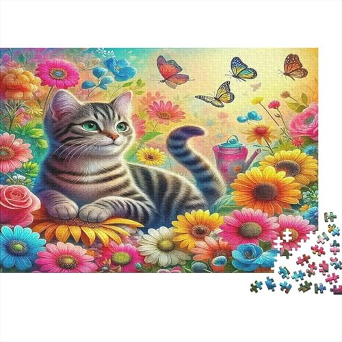 Gatto Puzzle 1000 Pezzi Puzzle per Adulti Carta Prato Fiorito Gioco di Puzzle 1000 Pezzi Relax Decorazione 52x38cm/1000pcs