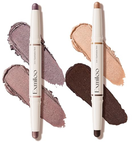 Exmiloo Lot 2 Fards en Stick, Mauve Taupe et Cuivre, Résistant à l’Eau | Lot 2 sticks, 4 tons irisés: mauve taupe, bronze et cuivre; résistant à l’eau après fixation.