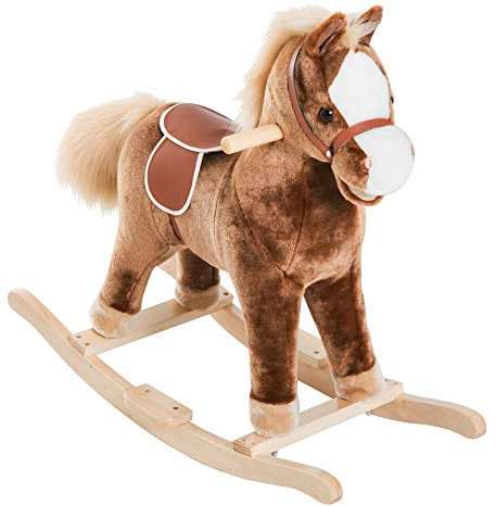 HOMCOM Schaukelpferd Baby Schaukeltier Plüsch Spielzeug Kinder Plüsch-Schaukeltier Braun L74 x B33 x H62 cm