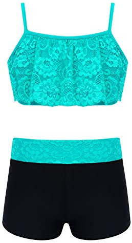 Alvivi Mädchen Ballettbekleidung Spitze Crop Tops mit Shorts Kinder Ballett Tanz Gymnastik Turnanzug Türkis 98-104/3-4 Jahre