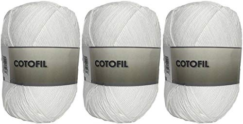 Baumwollgarn Cotofil 100% Baumwolle, perfekt zum Selbermachen und Handstrickgarne (weiße Farbe, 100 g, aprox.220 m Packung mit 3 Stück)