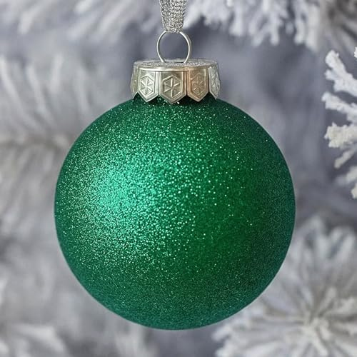 Grüne Kugeln für Christbaumschmuck, bruchsicherer Kunststoff 60 mm und 80 mm Glitzer-Schneebälle, Eiszapfen und Schneeflocken, Ornament-Set mit 32 Stück