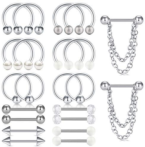 LAURITAMI 11 Paar Brustwarzenpiercing Nippelpiercing Chirurgenstahl 14mm 14G Hufeisen Ringe Barbell Nippel Kette Piercing