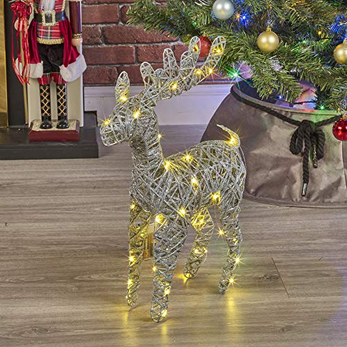 URBNLIVING Light Up LED Reindeer Stags, 45cm Illuminated Christmas Decoration Ornament Figurines, Battery Powered 3xAA Christmas Display Decor (Silver with Glitter)