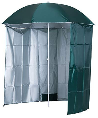 Outsunny Ombrellone da Spiaggia Ø2.2x2.2 m con Tendina Laterale, Sacchi per Sabbia e Picchetti, Ombrellone da Mare con 8 Stecche e Design a 2 Sezioni in Metallo e Poliestere, Verde Scuro