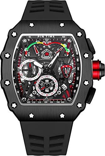 Orologi da uomo di lusso barile quadrati, orologio sportivo analogico punk cronografo con movimento giapponese, design luminoso e cinturino in gomma, nero.