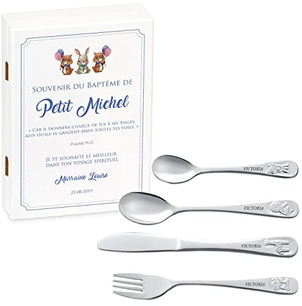 Maverton Set de couverts personnalisé pour garçon - Coutellerie dans coffret imprimé - Couverts Thème Animal - Cadeau d'anniversaire - Cadeaux bébé - Couverts gravés - ANIMAUX