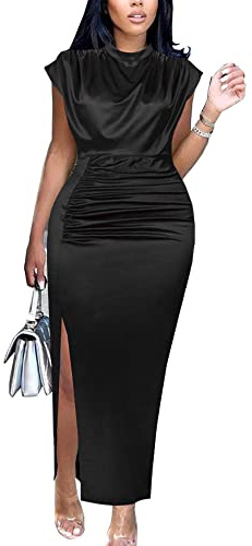 AOMEI Women's Sleeveless Pleated High Waist Ruched Slit Slim Elegant Long Satin Dress (Black,L)