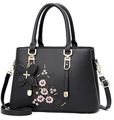 FANDARE Sac à Main Brodé Sacs Portés Épaule Étanche Sac à Bandouliere Sac Messager PU Cuir Sac Fourre Grand Sacoche pour Voyage Travail Achats Fête Noir