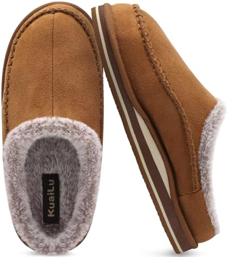 KuaiLu Herren Kuschelschuhe Memory-Schaum Plüsch offenem Rücken Hausschuhe | Bequeme Leicht Handgemachte Stitch Wärmeisolierung Slip-On Clog Pantoffeln Drinnen und Draußen Slippers EU40-48