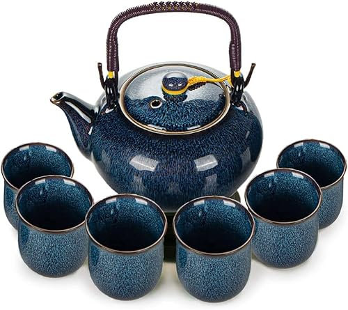 Service à thé chinois en céramique, 1 théière avec 6 tasses à thé, service à thé Kung Fu, service à thé pour les amateurs de thé, service à thé de style japonais (bleu)