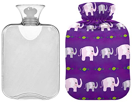 Niedlicher rosa Elefant auf königsvioletter Wärmflasche mit Bezug, Wärmbeutel zur Linderung von Menstruationskrämpfen, Periodenwärmer für Krämpfe 1L