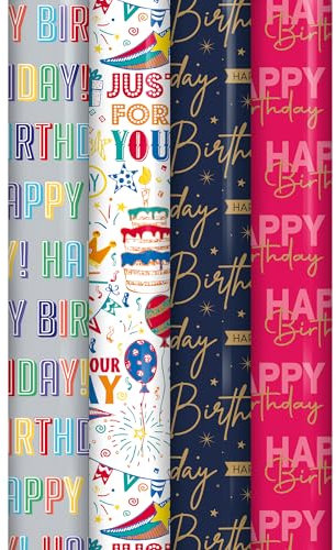 Pack of 4 x 3M Happy Birthday Wrapping Paper Roll - Multipack Premium Gift Wrap Wrapping Paper Perfect for Birthday, Party & Festive Decoration Sold By ANGIX