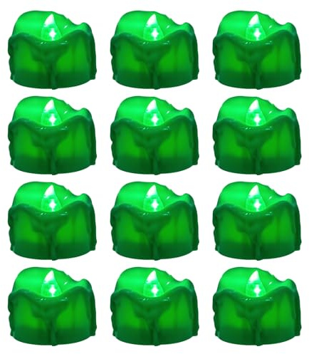 Windshell Green Flickering Flame Tealight Candles with 6H Timer (No Remote), Battery Operated LED Flameless Tea Lights with Melting Design, for Easter Halloween Christmas, 12 Pack