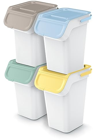Juego de 4 cubos de basura Kaddi Q | blancos | apilables | Reciclaje diferenciado | de plástico | 100 litros (4 x 25 L) | para el hogar interior