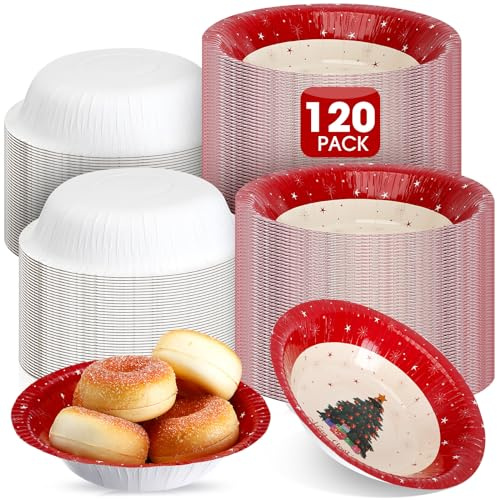 Cholemy 120 Pcs Christmas Paper Bowls Bulk 16 oz Red Disposable Xmas Tree Serving Bowls for Hot and Cold Soup Ice Cream Salad Snack 7 Inch Holiday Winter Birthday Party Catering Events