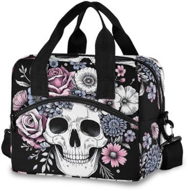 Sac à déjeuner isotherme portable avec motif tête de mort et fleurs, sac à déjeuner pour homme, sac à déjeuner avec bandoulière, personnalisé