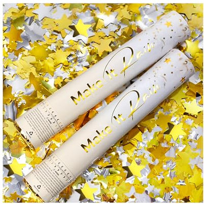 PrimePure Confetti Cannon Party Poppers - Gold Stars Confetti Poppers - Set of 2 - Glitter Stars Pop Gun Party Cannons Supplies for New Years Eve 2026, Wedding, Birthdays, Celebrations, Pranks