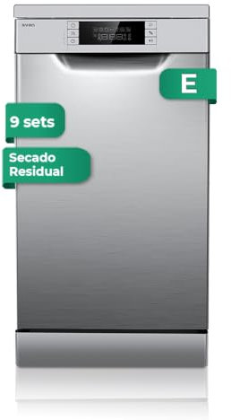 Svan Lavavajillas 45 cm Inox SJ94500EDX. 2100W, 9 Cubiertos, 2 Bandejas, 7 Programas, Display LED manual, Función Stop&Go, Bajo nivel Sonoro, Eficiencia Energética Clase E