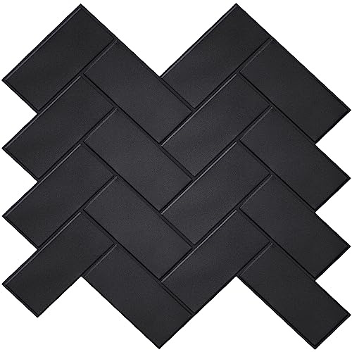 Alwayspon 10 Sheets 12x12inch Black 3D Vinyl Wall Tile Sticker, Peel and Stick Backsplsh Self-Adhesive Wallpaper Stick on Subway Tile Decals for Kitchen Bathroom Decor, Herringbone