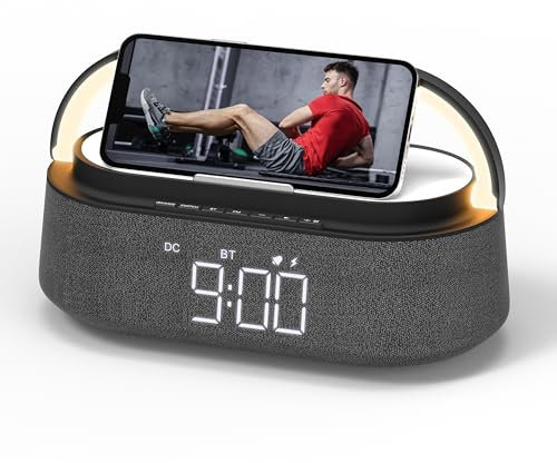 COLSUR Radio Despertador Digital con Carga Inalambrica, FM Radio con Puerto de carca USB, Pantalla LED Ajustable, Luz Nocturna, Bluetooth, Alarma de Temporizador de Apagado y Soporte para Teléfono