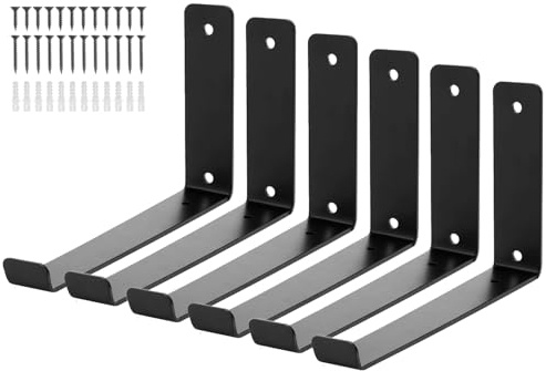 QWORK® 6 Stück Regalhalterung Schwarz, Metall Regalwinkel 25 cm, 4 mm Dick, L-förmige, Rost- und Kratzfest, mit Lippen