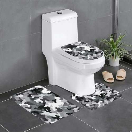 FLYIFE Badematten-Set, 3-teilig, Flanell, rutschfest, wasserabsorbierend, mit U-förmigem WC-Vorleger und WC-Deckelbezug, Schwarz / Grau / Weiß