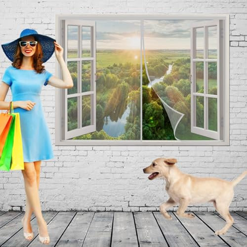 Fenêtre Moustiquaire Rideau Moustiquaire 45 x 55 cm Anti Mouche/Anti Insectes/Respirant Rideaux Toile Insect Ecran pour Enfants Animaux de Compagnie, Gris