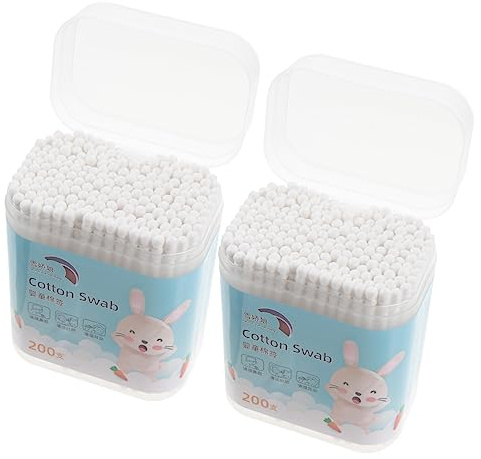 Papier Babypflege Weiß 400, Wattestäbchen Baumwolle, Stück | Ohrenstäbchen mit Runder Spiralspitze, Sicherheitstupfer für Augen und Zehen, 2 Schachteln