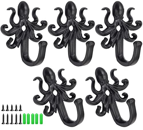 WTOYRRT Kleiderhaken Wandhaken, 5 Stück Schwarz Octopus Kleiderhaken Wandmontage Handtuchhaken Wandaufbewahrungshaken Metall Aufhänger für Handtuch, Schlüsselhalter (Octopus)