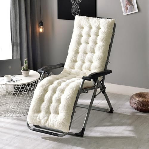 Dickes Plüschkissen für Gartenliege mit seitlichem Band, für den Innenbereich, Sonnenliege, Schaukelstuhlkissen, Beige / Weiß, 130 x 50 x 12 cm