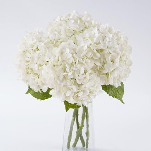 BonBloom's 4 Pcs White Hydrangea Artificial Flowers, 21 Stem Real Touch Latex Faux Hydrangeas Flowers for Tables Centerpieces, Outdoor Party Floral Arrangements Wedding Bouquets Home Decor