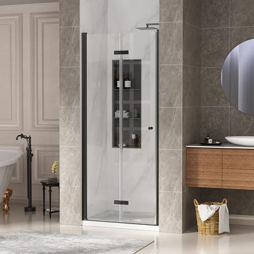 Bifold Shower Door, 36 W × 72 H Frameless Bathroom Glass Folding Shower Doors, Reversible Installation, 1/4 (6mm) Clear Tempered Glass Door for Walk-in Shower, Matte Black