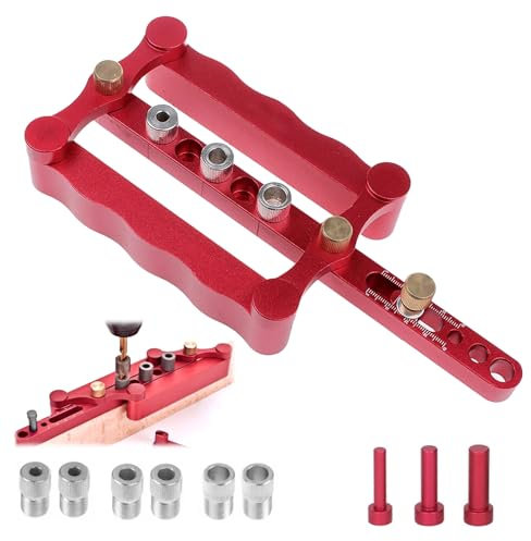 6/8/10 mm 3 in 1 Set Holzdübel Bohrschablone, aus Aluminiumlegierung, Einstellbarer Bereich 17–60 mm, Ausgestattet mit 9 Gewindebohrhülsen, Geeignet für Runde Holzdübel, Holzstifte, Holzstäbe (Rot)