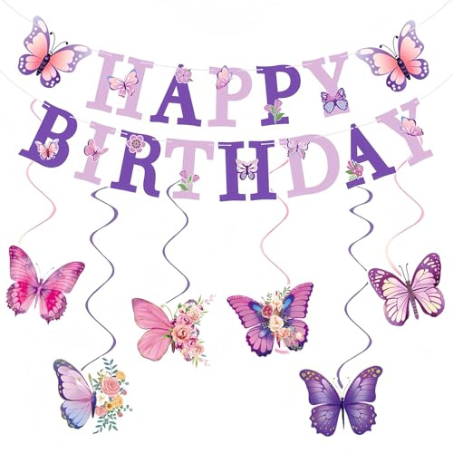 Torytoe Schmetterling Deko Geburtstag, Happy Birthday Banner, Schmetterling Hängende Wirbel, Girlande Geburtstag Lila Partydeko für Frauen Mädchen