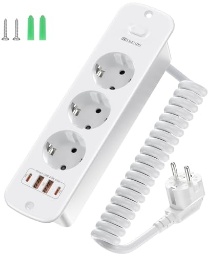 Prise encastrable avec 4 USB, 3 prises encastrées avec interrupteur, prise encastrable avec 2 USB A+2 USB C (PD 20 W), multiprise avec câble spiralé de 2 m pour plan de travail, meubles, cuisine