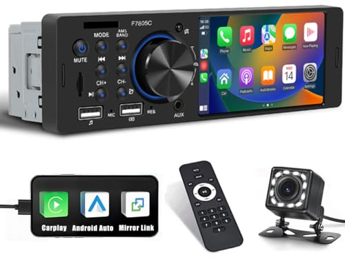 Hikity 4 1 DIN CarPlay Autoradio avec Bluetooth FM Caméra de Recul | Écran Tactile Android Auto Mirror Link EQ Commandes au Volant Mains Libres USB AUX
