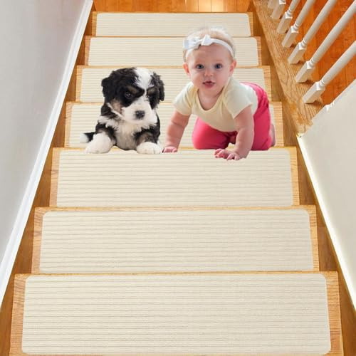 Duscdesp 15 Tapis d'escalier, Tapis d'escalier Autocollant antidérapant pour l'intérieur, Tapis de Marche, Tapis d'escalier pour Enfants, Personnes âgées et Animaux domestiques, 60 x 20 cm (Beige)